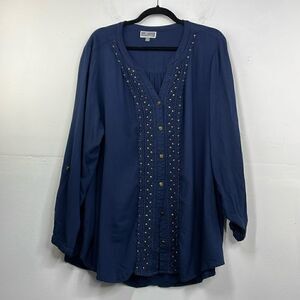 JM Collection Woman Boho V Neck Front Button Closure Navy with Gold detail 3X